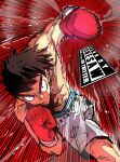  1boy absurdres arm_up artist_name bonesaw_(artist) boxer boxing boxing_gloves boxing_shorts brown_hair closed_mouth gloves hajime_no_ippo hand_up highres imminent_punch looking_at_viewer makunouchi_ippo male_focus muscular muscular_male red_background red_gloves serious short_hair shorts small_pupils solo speed_lines spiky_hair sweat topless_male twitter_username v-shaped_eyebrows white_shorts wide-eyed 