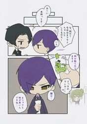  3boys black_eyes black_hair black_jacket black_necktie brooch brown_eyes coat hagan_tw highres holding holding_paper jacket jewelry library_of_ruina multiple_boys necktie netzach&#039;s_painting netzach_(project_moon) open_mouth paper project_moon purple_coat purple_hair roland_(project_moon) speech_bubble translation_request yesod_(project_moon) 