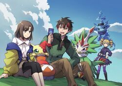  1boy 2girls beak bird black_dress black_hair blonde_hair blue_fire brown_eyes brown_hair brown_shorts card digimon_(creature) digimon_liberator dragon dress drill_hair feathers fire ghost ghostmon green_feathers green_shirt highres holding holding_card horns kazama_shoto kinosaki_arisa long_hair medium_hair multicolored_hair multiple_girls off_shoulder on_grass pteromon redhead shirt shorts single_horn streaked_hair takase_(takase1214) talons trading_card twin_drills two-tone_hair white_shirt 