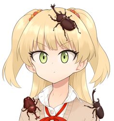  1girl animal_on_shoulder blonde_hair brown_sweater collared_shirt evolvingmonkey green_eyes hair_ornament hair_scrunchie highres idolmaster idolmaster_cinderella_girls insect_on_head jougasaki_rika long_hair neck_ribbon orange_scrunchie portrait red_ribbon rhinoceros_beetle ribbon scrunchie shirt solo sweater two_side_up white_shirt yellow_scrunchie 