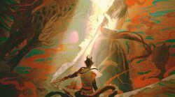  1boy absurdres arknights brown_hair chinese_commentary chong_yue_(arknights) coat commentary_request dragon dragon_boy dragon_horns dragon_tail eastern_dragon facing_to_the_side highres holding holding_weapon horns long_hair long_sleeves low_ponytail male_focus multicolored_hair multiple_views orange_background shonoman sleeveless streaked_hair tail very_long_tail weapon whorled_clouds 