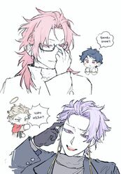  4boys adjusting_eyewear black_gloves black_jacket blonde_hair blue_hair capelet chibi colored_eyelashes colored_skin commentary earrings finger_to_head gigantea_pp glasses gloves gold_trim grey_sweater halo hatsutori_hajime jacket jewelry korean_text long_hair long_sleeves male_focus multiple_boys open_mouth pink_hair purple_hair red_capelet red_eyes rumeld_othmayer saibou_shinkyoku semi-rimless_eyewear shirt short_hair simple_background smile sweater symbol-only_commentary teeth theodore_riddle translation_request turtleneck turtleneck_sweater upper_teeth_only utsugi_noriyuki v-shaped_eyebrows white_background white_capelet white_shirt white_skin 