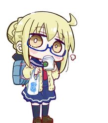  1girl artoria_pendragon_(fate) bag black_thighhighs blonde_hair blue-framed_eyewear blue_sailor_collar blue_serafuku blue_shirt blue_skirt blush braid braided_bun brown_cardigan brown_eyes brown_footwear cardigan chibi coffee_cup commentary_request cup disposable_cup fate/grand_order fate_(series) full_body glasses hair_between_eyes hair_bun holding holding_bag holding_cup kasuga_yuuki loafers long_sleeves mysterious_heroine_x_alter_(fate) open_cardigan open_clothes plastic_bag pleated_skirt puffy_long_sleeves puffy_sleeves sailor_collar school_bag school_uniform semi-rimless_eyewear serafuku shirt shoes simple_background skirt solo standing thigh-highs under-rim_eyewear white_background 