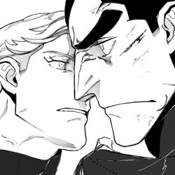  2boys angry aquiline_nose black_eyes blood blood_on_face brothers desha_(ousama_ranking) despa_(ousama_ranking) face-to-face facial_hair fighting frown greyscale highres huge_eyebrows male_focus medium_hair monochrome mullet multiple_boys mustache mustache_stubble ousama_ranking pencil_mustache sanpaku sashimi_oran serious sharp_teeth siblings stubble teeth 