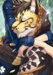  1boy 1other animal_ears animal_print closed_eyes commentary_request fingerless_gloves flower furry furry_male gloves hood hood_up hooded_jacket hug inubiko jacket leopard_boy leopard_ears leopard_print likulau_(nekojishi) male_focus nekojishi original smile 