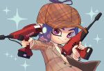  1boy blue_background brown_hat closed_mouth commentary_request dual_wielding dualie_squelcher_(splatoon) gun highres holding holding_gun holding_weapon looking_at_viewer male_focus medium_hair nastar_r0 octoling octoling_boy octoling_player_character pink_eyes purple_hair simple_background smile solo sparkle splatoon_(series) splatoon_3 tentacle_hair upper_body weapon 