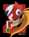  1boy armor black_background blonde_hair blue_eyes character_name chest_jewel forehead_jewel from_side guutara highres instagram_logo instagram_username long_hair mega_man_(series) mega_man_x_(series) red_armor red_helmet shoulder_armor signature simple_background solo twitter_logo twitter_username upper_body zero_(mega_man) 