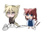 2girls animal_ears blonde_hair blue_eyes blue_shirt brown_shirt cat_ears cat_girl cat_tail closed_mouth commentary fishing_rod girls_band_cry grey_eyes haidao_mao holding_net iseri_nina kawaragi_momoka kemonomimi_mode long_hair long_sleeves multiple_girls open_mouth redhead shirt short_twintails simple_background tail tail_wagging twintails white_background 
