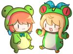  2girls :3 alternate_costume alternate_form animal_costume blonde_hair bow chibi chibi_only commentary cosplay earrings english_commentary feather_earrings feathers frog frog_costume froggy_(polygonal_mind) froggy_(polygonal_mind)_(cosplay) frogiwawa highres hololive hololive_english jewelry moon_ldl multiple_girls nijisanji nijisanji_en notice_lines onesie open_mouth orange_hair polygonal_mind pomu_rainpuff simple_background smile takanashi_kiara transparent_background virtual_youtuber |_| 