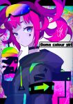  1girl cup drinking_straw english_text facial_tattoo goggles goggles_on_head goma_irasuto highres hood hood_down hoodie looking_at_viewer multicolored_eyes original pink_hair signature solo sweater tattoo twintails 