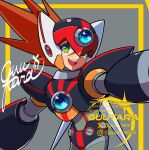  1boy android armor artist_name axl_(mega_man) black_armor brown_hair chest_jewel cowboy_shot cross_scar forehead_jewel green_eyes grey_background guutara highres instagram_logo instagram_username long_hair looking_at_viewer male_focus mega_man_(series) mega_man_x_(series) outstretched_arms red_helmet scar scar_on_face shoulder_armor signature simple_background solo spiky_hair twitter_logo twitter_username watermark 