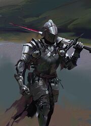  1other ambiguous_gender armor blood blood_on_weapon blurry blurry_background breastplate brush_stroke carrying_over_shoulder covered_face daryl_mandryk facing_viewer faulds feet_out_of_frame film_grain full_armor gauntlets greaves helm helmet highres holding holding_sword holding_weapon knight long_sword medieval original over_shoulder painterly pauldrons sash shoulder_armor solo sword vambraces waist_sash walking water weapon weapon_over_shoulder 