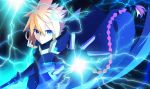  1boy armor azure_striker_gunvolt azure_striker_gunvolt_2 blonde_hair blue_coat blue_eyes braid braided_ponytail breastplate coat electricity gun gunvolt holding holding_gun holding_weapon lololotton long_hair looking_at_viewer outstretched_arm solo upper_body weapon 