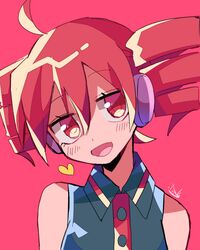  1girl ahoge blush collared_shirt drill_hair heart kasane_teto looking_at_viewer open_mouth pink_background pink_hair red_eyes robot_ears shirt sleeveless sleeveless_shirt smile solo twin_drills utau yuusuke-kun 