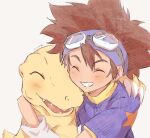  1boy agumon blush brown_hair child closed_eyes digimon digimon_(creature) digimon_adventure dinosaur fangs feng_(feng_efu) friends goggles goggles_on_head happy highres male_focus simple_background star_(symbol) yagami_taichi 