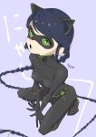  1girl animal_ears black_bodysuit black_mask blue_hair bodysuit braid cat_ears cat_girl green_eyes grey_background highres lady_noir long_hair marinette_dupain-cheng mask miracharink0 miraculous_ladybug open_mouth simple_background single_braid slit_pupils solo 