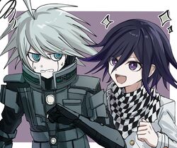  +_+ 2boys ahoge android armor blue_eyes buttons checkered_clothes checkered_scarf danganronpa_(series) danganronpa_v3:_killing_harmony excited flipped_hair hair_between_eyes highres k1-b0 long_sleeves male_focus multiple_boys oma_kokichi open_mouth power_armor purple_hair ringed_eyes rishaku_(user_cuwx8758) robot_ears scarf short_hair simple_background smile sparkle sweat two-tone_scarf upper_body violet_eyes white_hair 