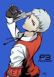  1boy armband blue_background da-cart gekkoukan_high_school_uniform gloves gun highres holding holding_weapon looking_at_viewer male_focus persona persona_3 sanada_akihiko school_uniform shirt short_hair simple_background smile solo sweater_vest weapon white_hair 