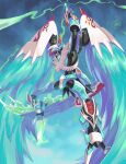  1boy absurdres arm_up bird digimon digimon_(creature) dragon dual_wielding energy_sword feathered_wings full_body highres holding holding_sword holding_weapon knight male_focus midair solo sword weapon wings yokaiju1 zephagamon 