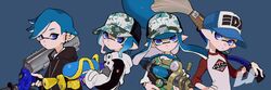  1boy 3girls baseball_cap basketball_jersey black_hoodie blue_background blue_eyes blue_hair commentary e-liter_4k_(splatoon) earrings hat holding hood hood_down hoodie imaikuy0 inkbrush_(splatoon) inkling inkling_boy inkling_girl inkling_player_character jersey jewelry long_hair multiple_earrings multiple_girls pointy_ears short_hair splash-o-matic_(splatoon) splatoon_(series) splattershot_(splatoon) symbol-only_commentary tentacle_hair 