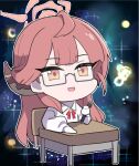  1girl :d absurdres alternate_costume aru_(blue_archive) blue_archive blunt_bangs bow bowtie chair chibi collared_shirt commentary_request demon_girl demon_horns desk glasses halo highres holding holding_pen horns keke_(user_djyu7823) long_hair long_sleeves looking_at_viewer meme parted_bangs pen red_bow red_bowtie redhead school_chair school_desk school_uniform semi-rimless_eyewear shirt sidelocks simple_background skirt sky smile solo space space_cat_(meme) star_(sky) starry_sky white_shirt yellow_eyes 