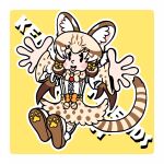  1girl animal_ears bow bowtie cat_ears cat_girl cat_tail extra_ears full_body geoffroy&#039;s_cat_(kemono_friends) grey_hair highres kemono_friends kemono_friends_v_project long_hair looking_at_viewer microphone r1chardroe ribbon shirt shoes simple_background skirt solo suspenders tail thigh-highs twintails virtual_youtuber yellow_background 