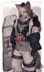 1boy ? arknights black_gloves black_jacket bottle closed_mouth furry furry_male gloves grey_pants grey_shirt highres hyena_boy jacket looking_at_viewer male_focus multicolored_hair opening_can p7ywirzyw8lesuc pants riot_shield shield shirt speech_bubble spoken_question_mark spot_(arknights) standing streaked_hair 