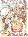  1boy 1girl absurdres aimee_matchlock angelo_ovo_panettone anniversary blonde_hair blush bravely_default_(series) bravely_second:_end_layer dark-skinned_female dark_skin drooling feather_hair_ornament feathers food from_above fruit hair_ornament hands_on_own_cheeks hands_on_own_face highres holding holding_plate honey ikusy looking_at_food one_eye_closed pancake pancake_stack perspective plate red_eyes sparkle spatula strawberry strawberry_slice white_hair yellow_eyes 