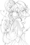  1girl blush bow closed_mouth commentary_request flower greyscale hat hat_bow heart heart_of_string highres holding holding_flower hourai_kiriri koishi_day komeiji_koishi looking_at_viewer medium_hair monochrome simple_background solo third_eye touhou unfinished 