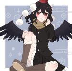  1girl alternate_costume asumi276 bird_wings black_hair black_jacket black_skirt black_wings blue_background blush boots border brown_footwear brown_scarf buttons commentary_request feathered_wings frilled_skirt frills geta hand_in_own_hair hat head_tilt highres jacket long_sleeves looking_at_viewer miniskirt parted_lips pleated_skirt pom_pom_(clothes) red_eyes red_hat scarf shameimaru_aya shoe_soles short_hair sitting skirt solo tengu-geta tokin_hat touhou wavy_hair white_border wings 