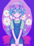  antenna_hair basil_(headspace)_(omori) basil_(omori) blue_eyes blue_hair blue_overalls blush floral_background green_shirt head_wreath highres looking_at_viewer omori otoko_no_ko overalls own_hands_together rakutiito310 shirt short_sleeves sitting smile 