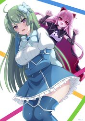  2girls :d absurdres ahoge arm_across_waist artist_name assault_lily back behind_another black_cape blue_bow blue_bowtie blue_footwear blue_gloves blue_skirt blush boots bow bowtie breasts buttons cape claw_pose commentary_request commission cosplay detached_sleeves elbow_gloves endou_araya feet_out_of_frame finger_to_cheek gloves green_hair hair_between_eyes hair_bow hairpods hand_up hands_up high-waist_skirt highres lace_sleeves long_hair long_sleeves looking_at_viewer magia_azure magia_azure_(cosplay) mahou_shoujo_ni_akogarete medium_breasts miniskirt multiple_girls neck_ribbon open_mouth parted_lips piatin pink_hair purple_ribbon red_cape red_eyes ribbon school_uniform shaded_face shirt skeb_commission skirt smile standing suspender_skirt suspenders sweatdrop tanaka_ichi thigh_boots two-sided_cape two-sided_fabric underbust very_long_hair violet_eyes white_background white_shirt yurigaoka_girls_academy_school_uniform 