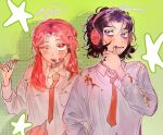 2girls bad_source black_hair black_nails character_name collared_shirt commentary derivative_work dirty dirty_clothes dirty_face food food_in_mouth green_background hand_up headphones holding_own_hair jewelry kininatteru_hito_ga_otoko_ja_nakatta koga_mitsuki long_hair mole mole_under_eye multiple_girls myu0610 necktie one_eye_closed oosawa_aya orange_eyes orange_hair parted_bangs popsicle popsicle_in_mouth red_necktie ring screentones shirt short_hair signature stained_clothes star_(symbol) thumb_to_mouth upper_body violet_eyes white_shirt 