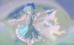  1girl absurdres blue_dress blue_eyes blue_hair blue_ribbon chinese_commentary cirno closed_mouth commentary_request cowboy_shot dress frilled_dress frills hair_ribbon hand_on_own_chest highres light_blue_hair pinafore_dress puffy_short_sleeves puffy_sleeves ribbon shirt short_hair short_sleeves sleeveless sleeveless_dress smile snowflakes solo touhou white_shirt zhong_dogzhic 