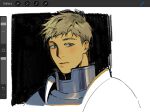  1boy armor art_program_in_frame blonde_hair blush closed_mouth dungeon_meshi fishy_(suhshie) highres laios_touden looking_at_viewer male_focus plate_armor portrait short_hair sketch solo three_quarter_view 