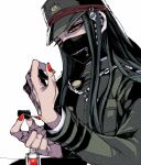  1boy androgynous breast_pocket chain covered_mouth danganronpa_(series) danganronpa_v3:_killing_harmony dress_shirt fingernails gakuran girly_boy green_gakuran green_hair hair_over_shoulder hat jacket long_hair long_sleeves lowres male_focus mankintan mask mouth_mask nail_polish nail_polish_bottle nail_polish_brush painting_nails pocket red_nails school_uniform shinguji_korekiyo shirt solo striped_clothes striped_jacket white_background yellow_eyes zipper 