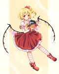  1girl absurdres ascot blonde_hair closed_mouth crystal_wings dress drill_hair dungeon_toaster flandre_scarlet full_body hat heart highres mary_janes red_dress red_eyes shoes side_ponytail solo striped_clothes striped_thighhighs stuffed_animal stuffed_toy teddy_bear thigh-highs touhou witch_hat yellow_ascot 