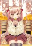  1girl ahoge animal_ear_fluff animal_ears autumn autumn_leaves bench blush cat_ears cat_girl cat_tail chestnut_mouth food food_request hair_ribbon hamico highres holding holding_food kokona_(hamico) light_brown_hair long_hair original red_ribbon ribbon sitting skirt solo sweater swept_bangs tail tail_raised twintails very_long_hair yellow_eyes yellow_sweater 