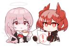  ! 2girls arknights black_capelet black_gloves capelet character_doll chibi closed_mouth collared_shirt commentary_request cropped_torso cup eyebrows_hidden_by_hair fiammetta_(arknights) gloves hair_between_eyes halo highres hiiragi_(hiragi_w_p_e) holding holding_cup lemuen_(arknights) long_hair long_sleeves looking_at_viewer multiple_girls necktie pink_eyes pink_hair red_eyes red_necktie redhead shirt simple_background smile steam striped_clothes striped_shirt upper_body v-shaped_eyebrows vertical-striped_clothes vertical-striped_shirt very_long_hair white_background white_shirt 