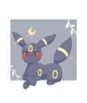  :&lt; alttla0 blush border closed_mouth commentary_request crescent full_body grey_background lying no_humans on_stomach pokemon pokemon_(creature) red_eyes umbreon white_border 
