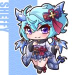  1girl absurdres blue_background blue_bow blue_hair blue_kimono blue_wings bow brown_footwear character_name chibi commentary_request dragon_girl dragon_horns dragon_tail dragon_wings floral_print full_body fur-trimmed_sleeves fur-trimmed_socks fur_trim grey_kimono hair_between_eyes hair_bow hand_up highres horns japanese_clothes kimono long_sleeves obi princess_connect! print_kimono saishosaisekojo sandals sash seigaiha sheffy_(princess_connect!) sleeves_past_wrists socks solo standing tail tail_bow tail_ornament violet_eyes white_background white_socks wide_sleeves wings zouri 