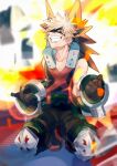  1boy absurdres bakugou_katsuki bare_shoulders belt black_mask black_pants black_tank_top blonde_hair boku_no_hero_academia boots buckle collarbone combat_boots commentary commentary_request detached_sleeves explosion explosive eye_mask gloves grenade hands_up headgear highres knee_pads male_focus mm1221352 outdoors pants red_eyes short_hair smile solo spiky_hair tank_top 