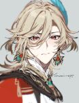  1boy blonde_hair blush brown_hair closed_mouth earrings feather_hair_ornament feathers genshin_impact grey_background hair_between_eyes hair_ornament jewelry kaveh_(genshin_impact) long_hair looking_at_viewer male_focus multicolored_hair red_eyes simple_background sketch solo sonomi twitter_username upper_body 
