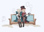  1boy 1girl animal_ears black_gloves cat_ears cat_girl cat_tail couch facial_mark full_body genshin_impact gloves grey_hair hair_over_one_eye hat highres lynette_(genshin_impact) lyney_(genshin_impact) nekorin_chu on_couch short_hair siblings simple_background sitting speech_bubble star_(symbol) star_facial_mark tail teardrop_tattoo top_hat twins white_background 
