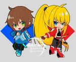  2boys artist_name black_gloves black_pants blonde_hair blue_eyes blue_jacket brown_hair chibi full_body gloves green_eyes guutara high_ponytail instagram_logo instagram_username jacket long_hair looking_at_viewer looking_back looking_to_the_side mega_man_(series) mega_man_x_(series) multiple_boys no_headwear open_clothes open_jacket pants red_jacket short_hair twitter_logo twitter_username watermark x_(mega_man) zero_(mega_man) 