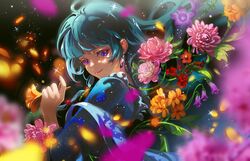  1girl blunt_bangs dark_background earrings flower highres holding holding_flower jessica_wijaya jewelry kusuriya_no_hitorigoto leaf long_hair makeup maomao_(kusuriya_no_hitorigoto) orange_flower pink_flower purple_flower red_flower solo sparkle upper_body violet_eyes 