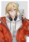  1boy artist_name black_headphones blonde_hair blush border can commentary_request drawstring drink_can earrings feather_hair_ornament feathers genshin_impact grey_background grin hair_between_eyes hair_ornament hand_up headphones headphones_around_neck heart highres holding holding_can hood hood_down hoodie jacket jewelry kaveh_(genshin_impact) long_sleeves looking_at_viewer male_focus medium_hair mimisuke37 off_shoulder open_clothes open_jacket outside_border parted_bangs pocket puffy_long_sleeves puffy_sleeves red_eyes red_jacket simple_background smile solo teeth twitter_username upper_body white_border white_hoodie 