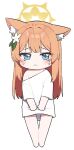  animal_ears blue_eyes blush cat_ears chibi crying crying_with_eyes_open hair_ornament halo holding holding_clothes looking_at_viewer mari_(blue_archive) myeolchi orange_hair pout shirt single_bare_shoulder t-shirt tears white_background white_shirt yellow_halo 