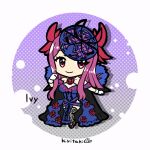  1girl chibi fascinator fire_emblem fire_emblem_engage fishnet_thighhighs fishnets flower flower_brooch ivy_(fire_emblem) kiritaki mole purple_hair rose see-through_headwear spiked thigh-highs thorn_print violet_eyes 