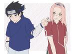  1boy 1girl black_eyes black_hair blue_shirt blush border china_dress chinese_clothes detached_sleeves diagonal_striped_background dress flower forehead_protector green_eyes hairband haruno_sakura highres holding holding_flower konohagakure_symbol long_hair naruto naruto_(series) pants parted_lips pink_flower pink_hair pnpk_1013 red_dress shirt short_sleeves striped_background uchiha_sasuke white_border white_pants white_sleeves 